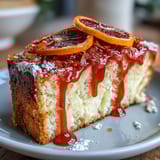 A moist, golden Heavenly Blood Orange Yogurt Cake loaf topped with glossy blood orange icing and fresh zest on a marble board.
