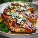 Bright, juicy Greek Chicken with Lemon and Feta sizzling in a skillet next to lemon wedges and fresh parsley.