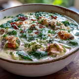 Spoon lifting a rich, velvety ladle of Garlic Parmesan Chicken Soup, topped with extra Parmesan and fresh green herbs.