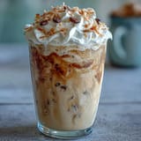 Iced Vanilla Bean Frappuccino with Toasted Coconut Foam served in clear glasses, topped with airy coconut milk foam and golden toasted coconut shreds, perfect for a sunny afternoon.