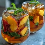 Colorful sangria filled with juicy mango, ripe peaches, and citrus slices, offering a refreshing non-alcoholic summer beverage.