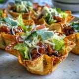 Crispy wonton cups hold savory taco filling, perfect appetizer mini taco cups.
