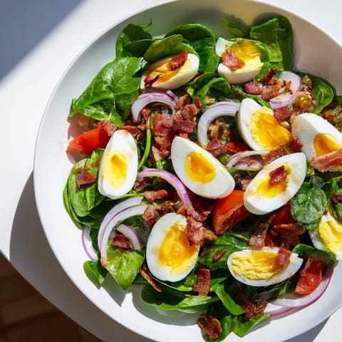 This spinach salad with bacon features sliced eggs and a tangy dressing, ready to eat.