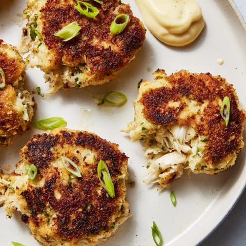 Flaky crab cakes with visible crab meat and herbs, pan-seared to a crispy, delicious finish.
