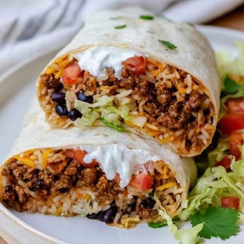 This Beef Burrito features a satisfying mix of seasoned beef, cheese, and rice, ready to eat.