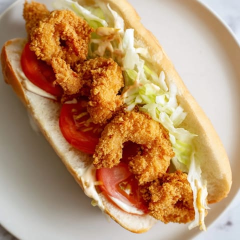 This mouthwatering Shrimp Po Boy showcases crispy fried shrimp piled high with creamy mayo and a soft roll.