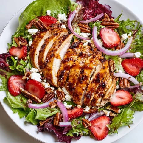 Golden grilled chicken slices fanned over a bed of fresh greens, topped with sweet strawberries, creamy goat cheese crumbles, and a glossy honey balsamic glaze.