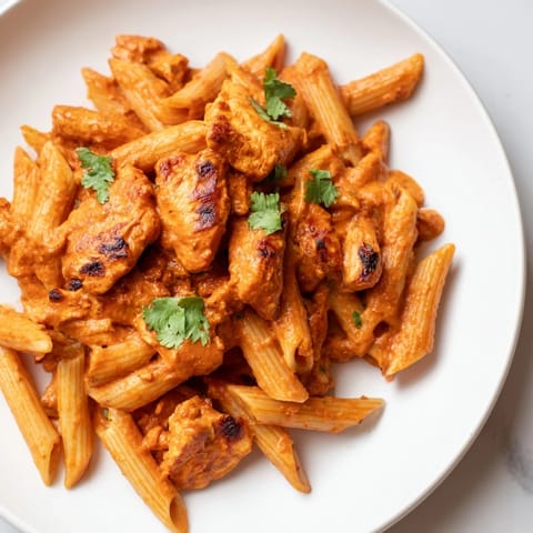 A close-up of Chicken Tikka Pasta revealing tender chicken chunks and a vibrant, velvety tomato-cream sauce.