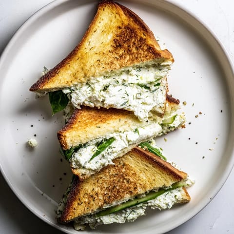 Slices of Whipped Feta Spring Grilled Cheese sit on a plate, with creamy filling peeking from golden, buttery bread.  