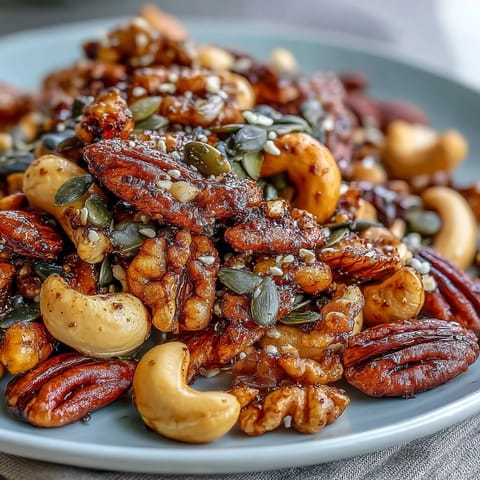 Golden-baked Spiced Nuts and Seeds Mix glistening with olive oil and maple syrup on a rustic wooden board.