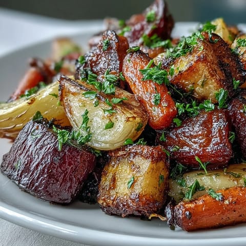 Roasted Root Vegetable Medley with caramelized carrots, parsnips, and sweet potatoes seasoned with rosemary and thyme.