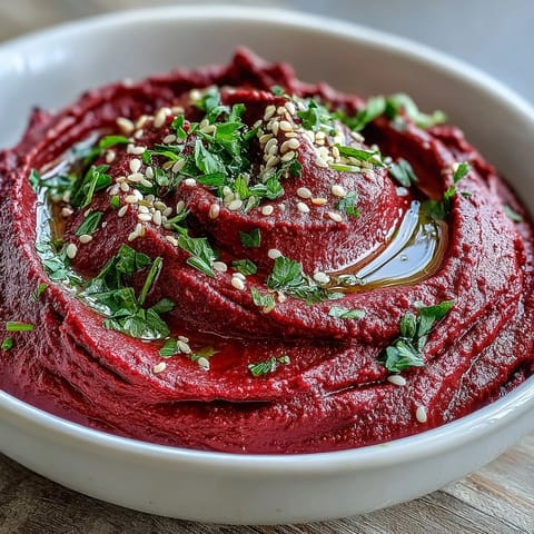 Vibrant roasted beet hummus in a white bowl, drizzled with olive oil and garnished with fresh parsley and sesame seeds.  