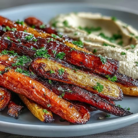 A vibrant platter of rainbow carrots and hummus, featuring oven-roasted, caramelized carrots alongside creamy, tahini-rich dip.