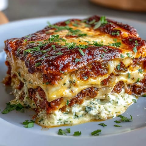 Layers of One-Pan Smoky Veggie Lentil Lasagne served in a skillet with a side salad.