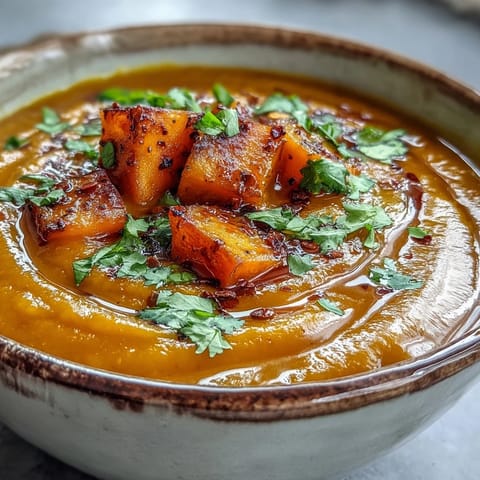Roasted butternut squash and red lentils simmered in a golden, spiced broth creating a cozy main course.