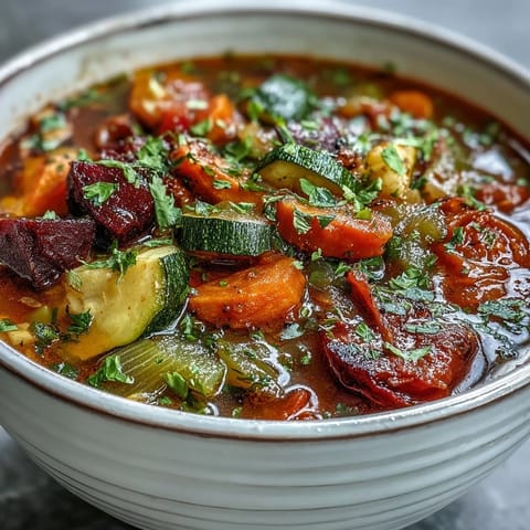 A close-up of steaming Rainbow Vegetable Detox Soup in a rustic bowl, showcasing vibrant red beets, orange carrots, and green zucchini chunks.