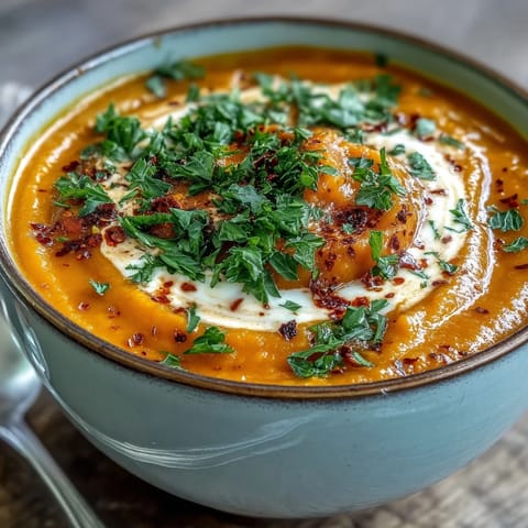 A steaming bowl of vibrant Carrot, Celeriac and Chilli Soup, garnished with fresh cilantro and a swirl of creamy coconut yogurt.