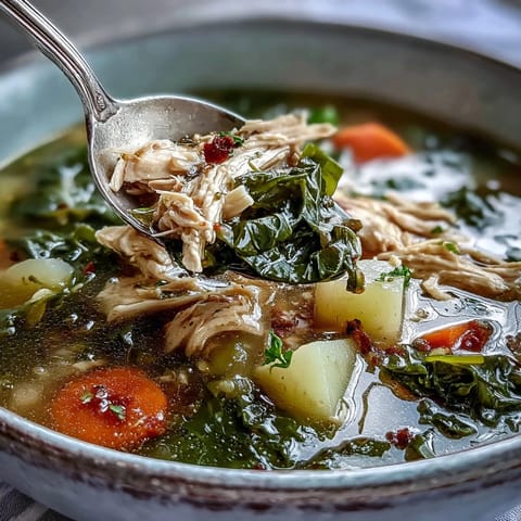 Overhead view of Collard Greens, Chicken and Vegetable Soup in a rustic pot, featuring tender chicken, diced potatoes, and vibrant collard greens. 