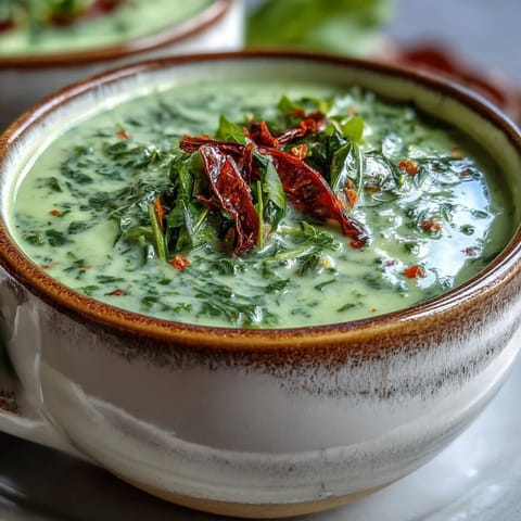 Creamy Spinach Coriander Lemongrass Soup in a white bowl, garnished with fresh cilantro and sliced red chili.