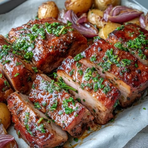 Fork-tender pork and roasted rhubarb garnished with fresh parsley, showing a glossy, savory-sweet glaze.