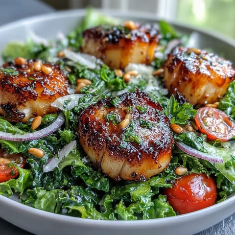 Plump, golden seared scallops rest on a bed of crisp escarole salad topped with shaved Parmesan and pine nuts.