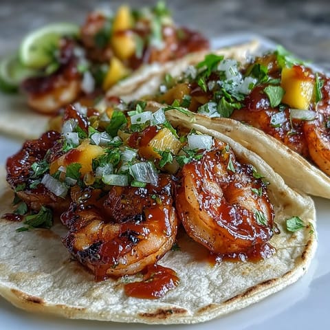 Spicy sriracha shrimp tacos topped with vibrant mango salsa and crunchy red cabbage, served with lime wedges.