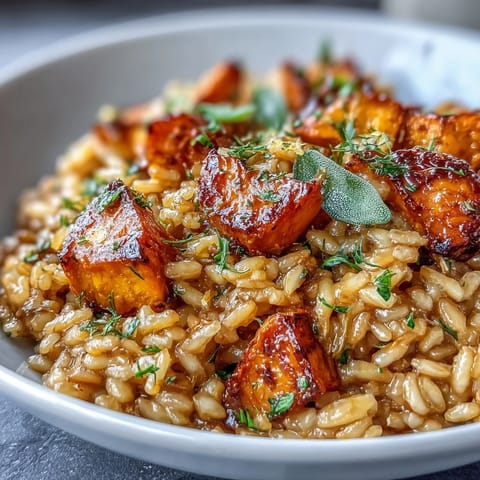 Vegan Pumpkin Risotto with golden roasted pumpkin cubes and crispy sage leaves garnish.
