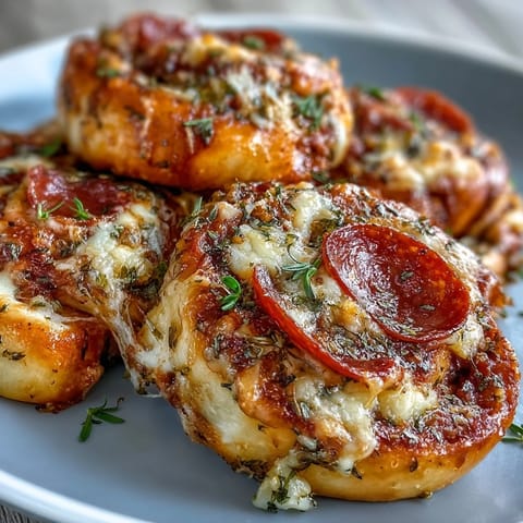 Golden-brown, baked Irresistible High Protein Pepperoni Pizza Rolls with melted mozzarella and pepperoni slices peeking out of the soft dough.