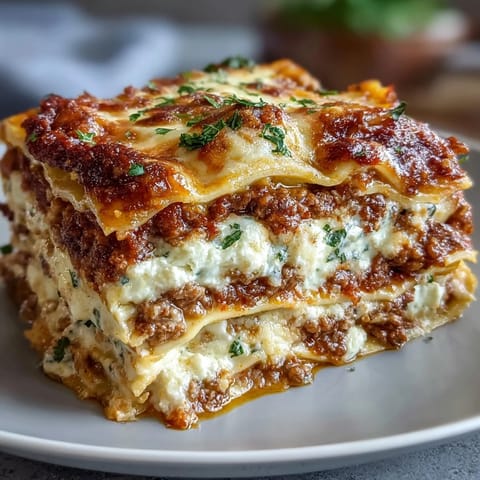 A close-up of a freshly sliced serving of World's Best Lasagna reveals tender noodles, savory meat sauce, and melted mozzarella.