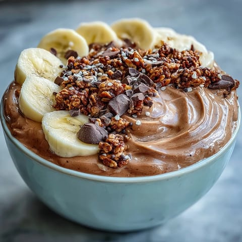 Two vibrant Chunky Monkey Smoothie Bowls topped with fresh banana slices, granola, and chocolate chips, with spoons on the side.