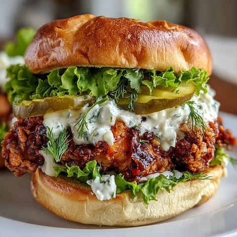 Lush creamy homemade sauce drizzles over spicy fried chicken on a buttery brioche bun, ready to serve with crispy fries and a cold beer.