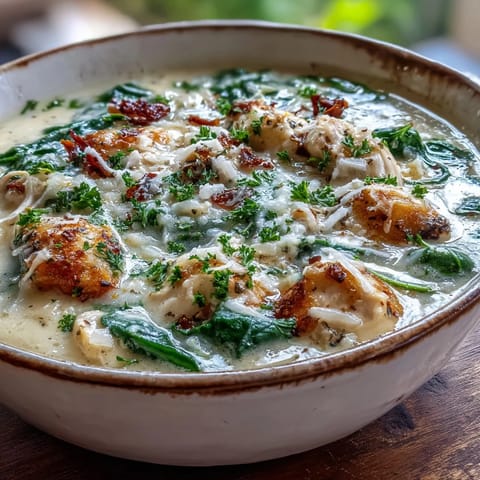 Spoon lifting a rich, velvety ladle of Garlic Parmesan Chicken Soup, topped with extra Parmesan and fresh green herbs.