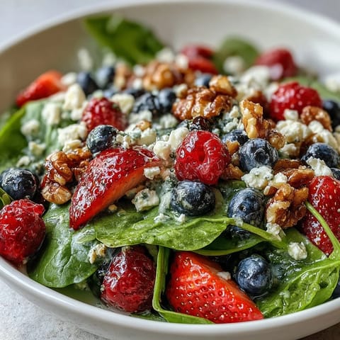 Vibrant Spinach and Berry Salad Bowl featuring strawberries, blueberries, and creamy goat cheese, ready to serve as a refreshing light lunch.
