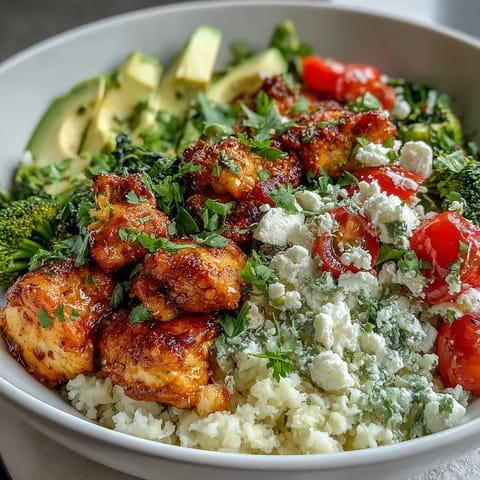 Golden-brown chicken, sautéed bell peppers, and avocado slices top a bed of fluffy cauliflower rice in this nutritious Cauliflower Rice Bowl.