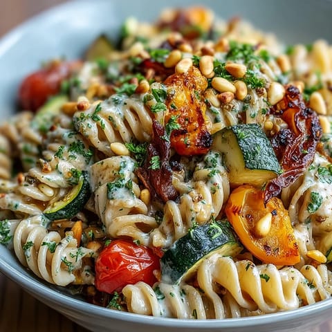 A warm Whole Wheat Pasta Bowl with roasted vegetables and creamy sauce, topped with toasted pine nuts.