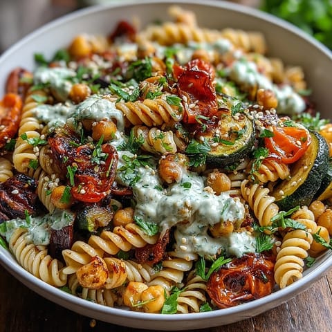 Freshly roasted zucchini and bell peppers join chickpea pasta, all drizzled with a creamy homemade tahini sauce.