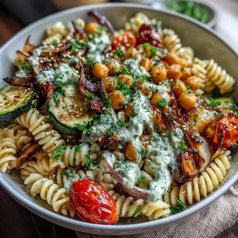 Colorful roasted vegetables and chickpea pasta are tossed in garlicky tahini sauce, topped with fresh parsley and sesame seeds.