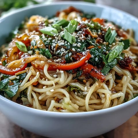 A vibrant vegan Shirataki Noodle Bowl featuring colorful stir-fried veggies and toasted sesame seeds for a healthy dinner.