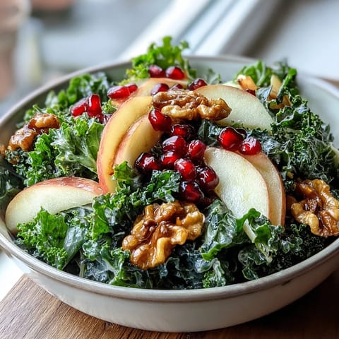 Freshly massaged kale topped with crisp apple slices, ruby red pomegranate seeds, and crunchy walnuts tossed in a tangy apple cider vinaigrette.