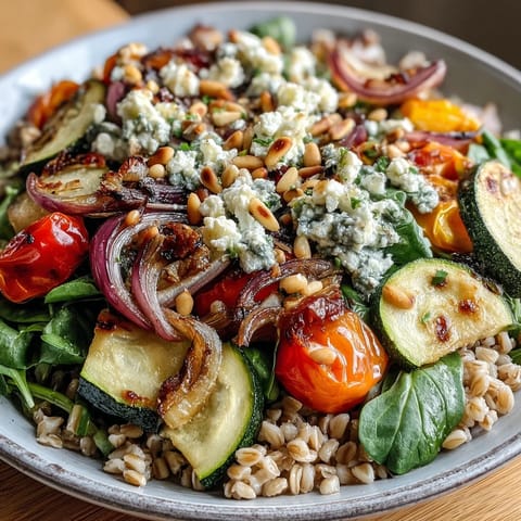 A close-up of a Farro Pasta Bowl featuring al dente grains, sautéed zucchini, red bell pepper, and cherry tomatoes, topped with crumbled feta and fresh parsley.