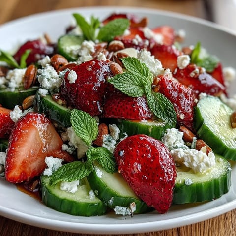 Crisp cucumber and sweet strawberry salad with fresh mint leaves, a vibrant spring side dish bursting with color and flavor.