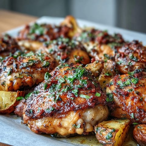 Herb-marinated chicken thighs roast alongside colorful carrots, parsnips, and sweet potatoes for a healthy, one-pan dinner.