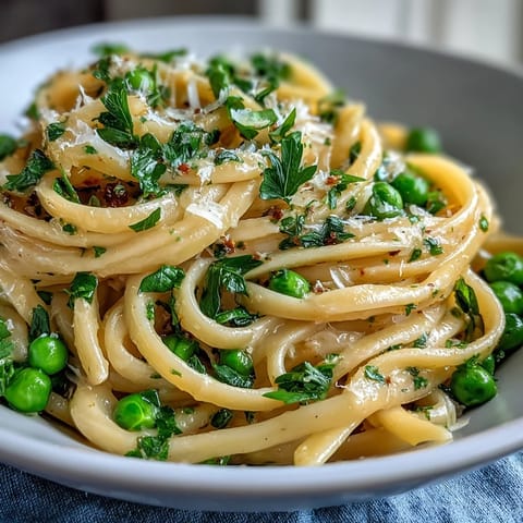 Vibrant spring pasta with bright green peas and Parmesan, coated in silky lemon-butter sauce, served on a rustic wooden table.