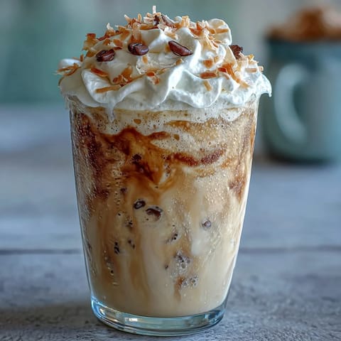 Iced Vanilla Bean Frappuccino with Toasted Coconut Foam served in clear glasses, topped with airy coconut milk foam and golden toasted coconut shreds, perfect for a sunny afternoon.