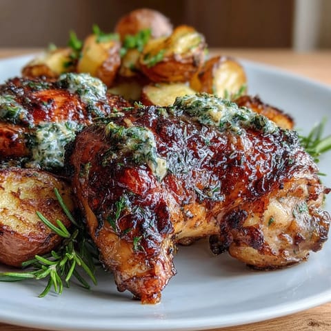 Golden roasted chicken with lemon and herbs, surrounded by crispy baby potatoes for a flavorful spring dinner.  