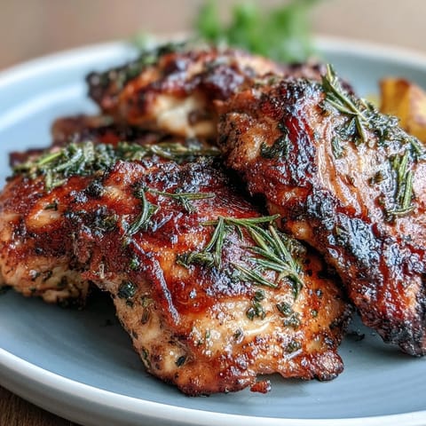 Juicy whole chicken infused with fresh rosemary and thyme, served with tender roasted baby potatoes and lemon slices.  