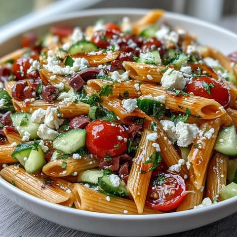 Colorful Greek pasta salad with olives and feta, vibrant vegetables, and tangy dressing—ideal for summer picnics and potlucks.