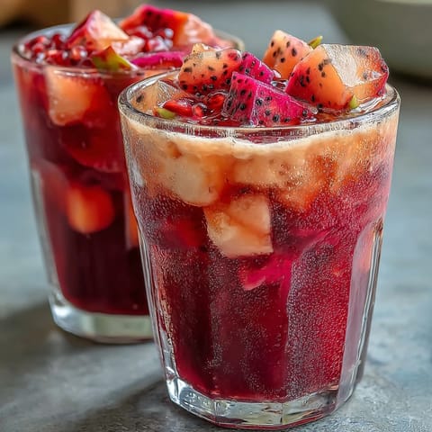 Refreshing homemade mango dragonfruit refresher with vibrant pink color and tropical fruit chunks on ice.