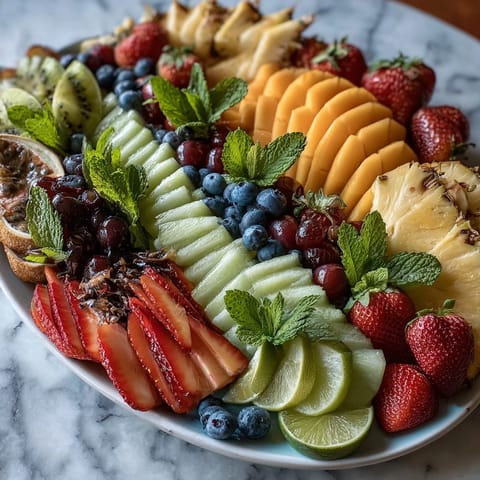Vibrant tropical fruit platter with ripe mangoes, pineapple, and colorful berries, perfect for summer parties and brunches.