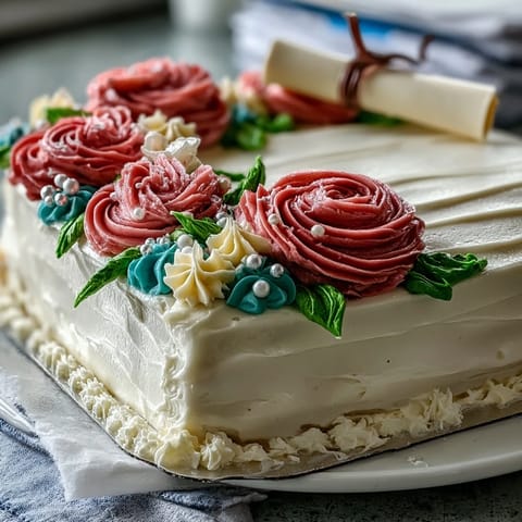 Festive sheet cake with buttercream roses and edible diploma, perfect for graduation celebrations.